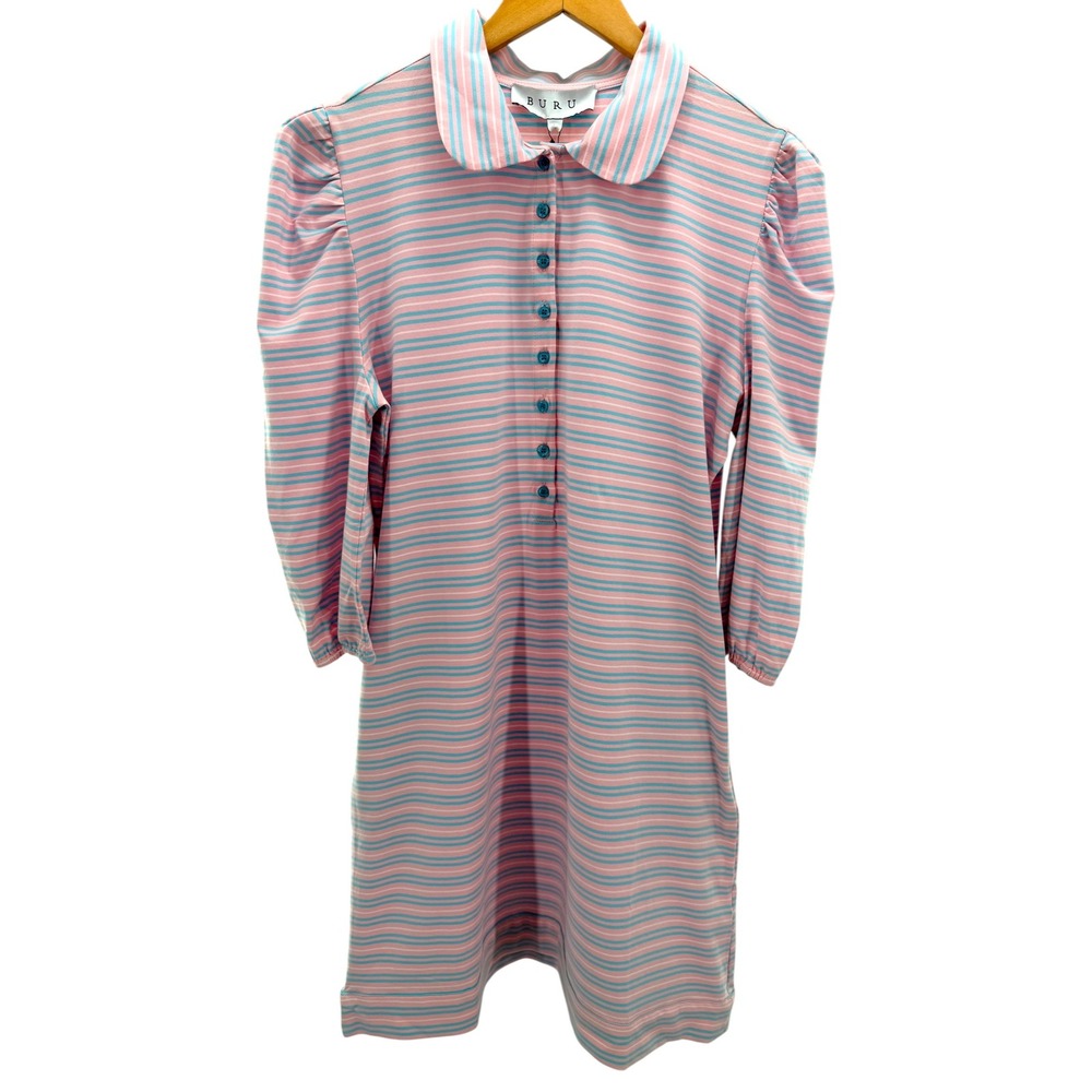 BURU Pastel Striped Puff Sleeve T-Shirt Dress L NWT Preppy Grandmillennial Polo